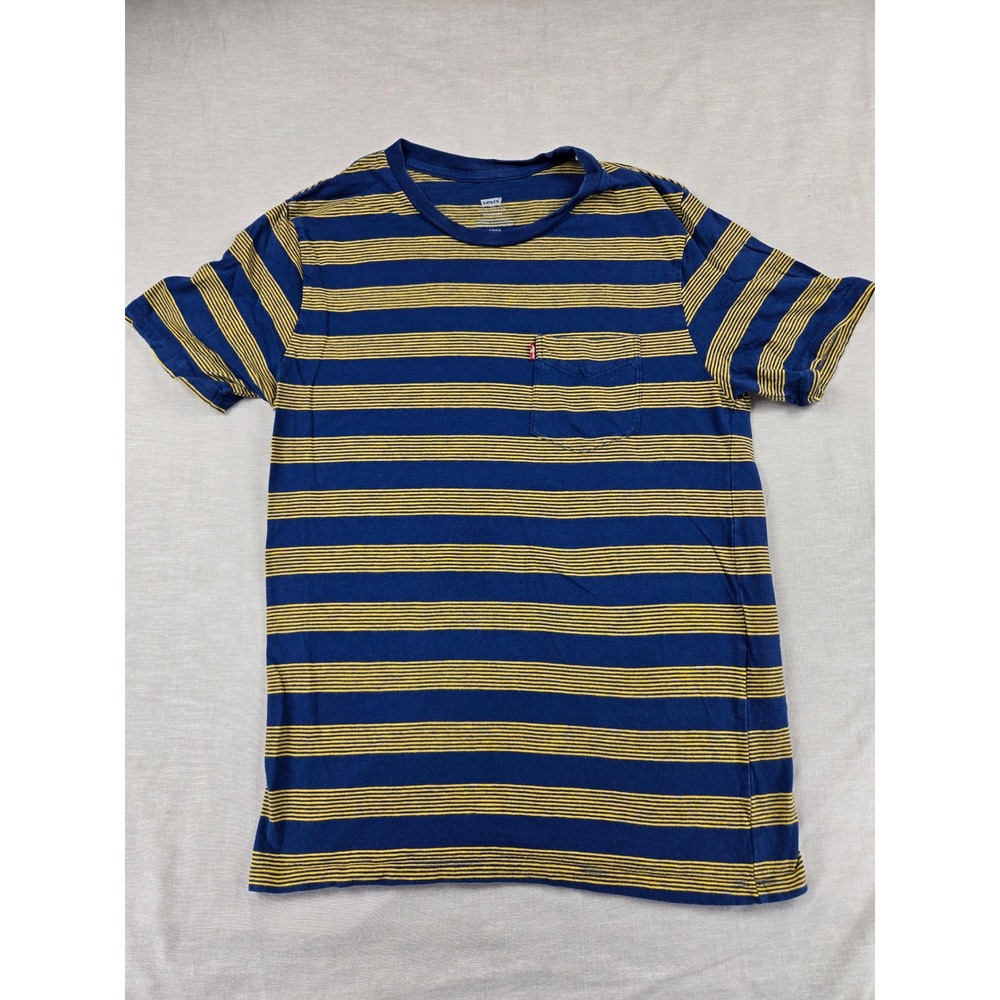 Levis Mens Striped Pocket T-Shirt Blue Yellow Crew Neck Short Sleeve Small